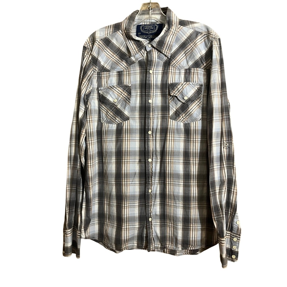 Supply Company USA Mens Western Pearl Snap Plaid Shirt Blue Grey Large L
